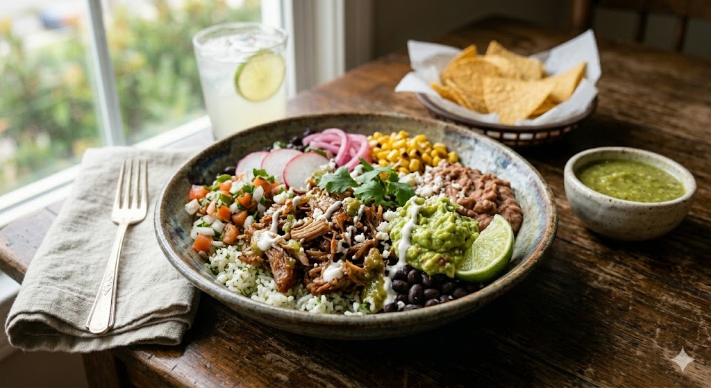 Carnitas burrito bowl with crisped pork, rice, black beans, salsa and lime in a wide bowl
