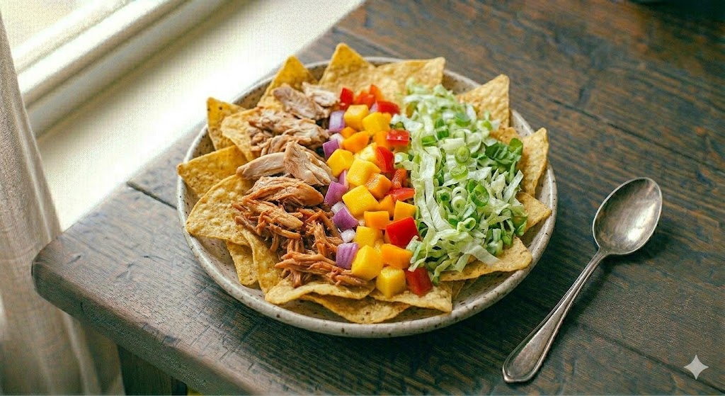Carnitas nachos on a tray with melted cheese, crisped pork, jalapenos, soured cream and coriander
