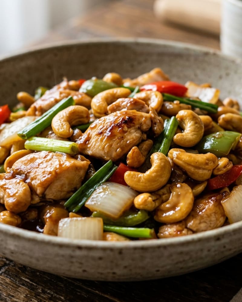 Cashew chicken recipe in a speckled bowl: glazed chicken pieces, whole cashews, red and green pepper, onion and scallion