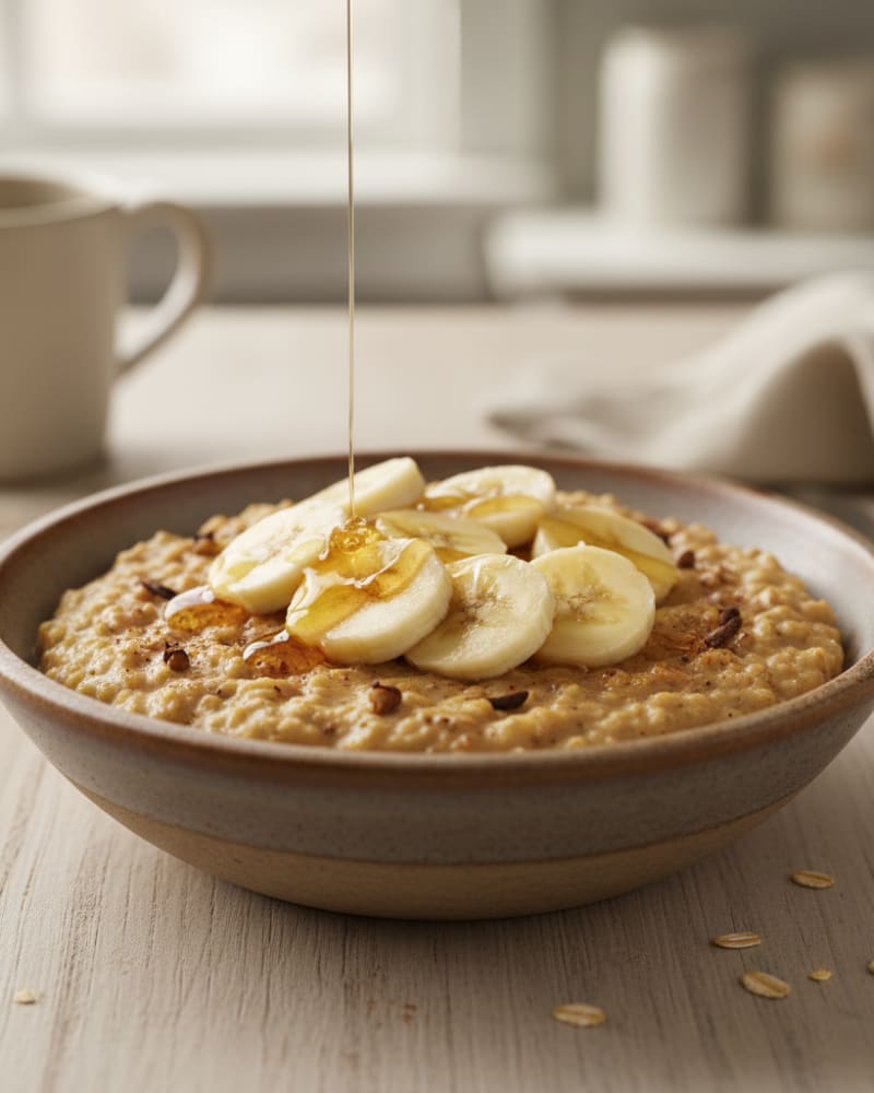 Chai spiced oatmeal in a stoneware bowl topped with banana slices and chopped nuts, honey drizzling over the top