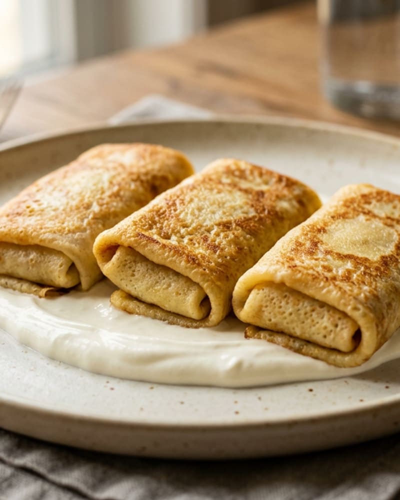 Cheese blintzes recipe: three golden pan-fried crepe rolls resting on a smear of sour cream on a speckled plate