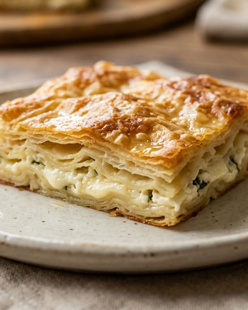 Square of cheese borek with golden flaky phyllo layers and a creamy cheese filling with parsley flecks, on a plate