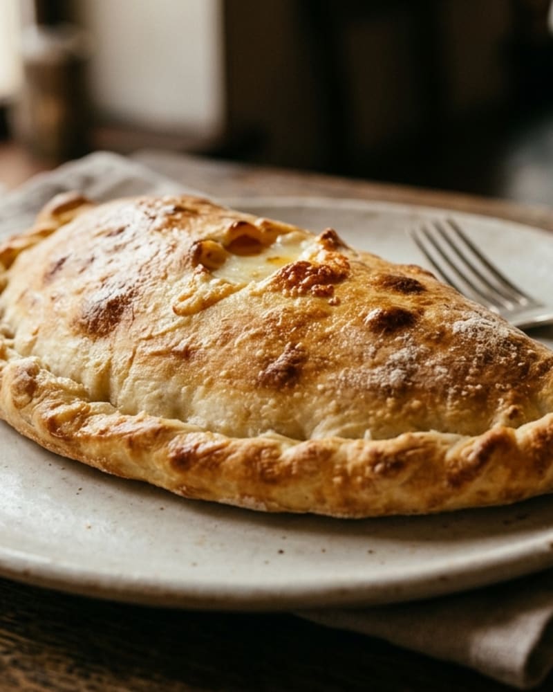 Golden cheese calzone with a crimped edge and a steam slit showing melted cheese, on a plate beside a fork
