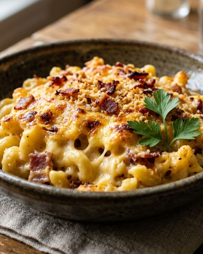 Baked mac and cheese with bacon in a stoneware dish, browned cheesy crust, crumbled bacon and a parsley sprig
