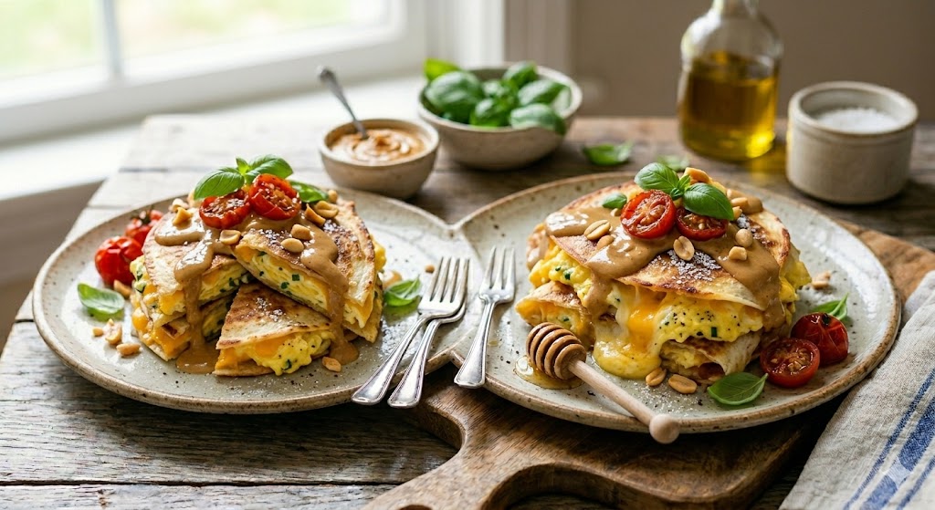 Cheesy scrambled egg quesadilla cut into wedges, soft eggs and melted cheese in a golden tortilla