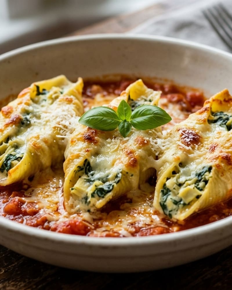 Baked jumbo pasta shells filled with spinach, artichoke and ricotta in marinara, topped with melted cheese and a basil sprig