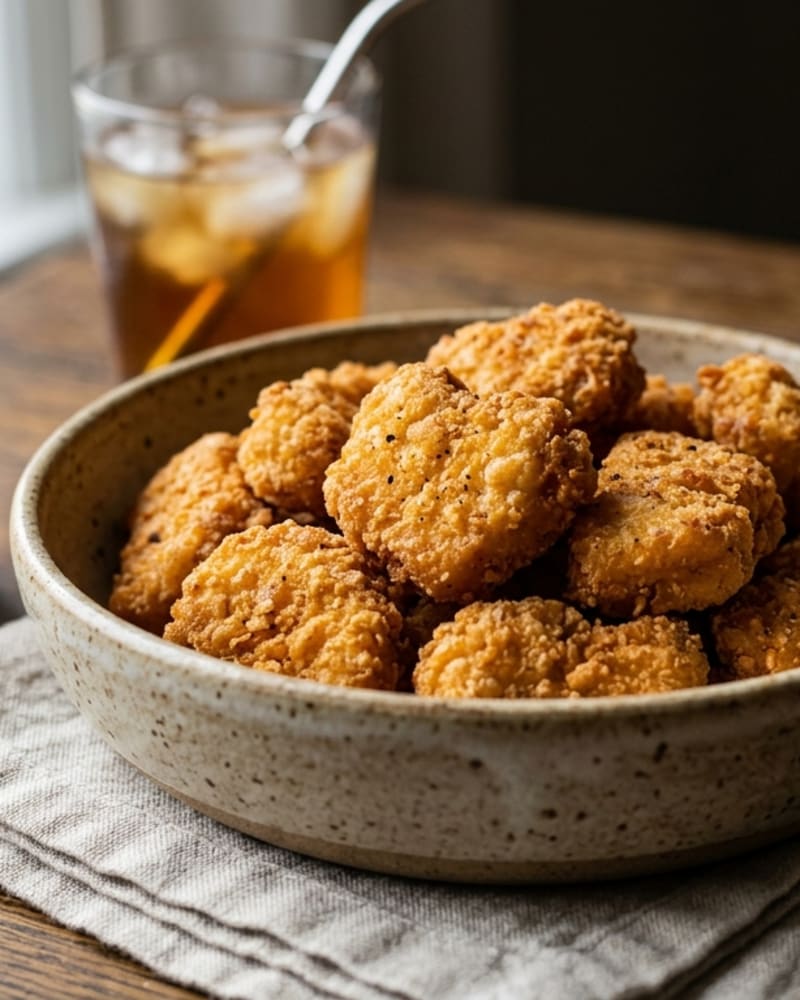 Chick-fil-A-style chicken nuggets, golden and craggy, piled in a speckled bowl beside a glass of iced tea