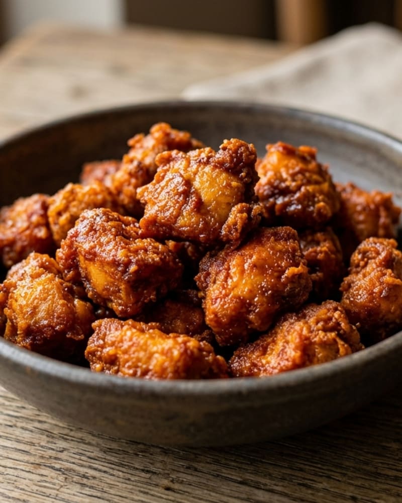 Chicken 65 in a dark bowl, a pile of golden-red fried chicken bites with a crisp, spiced coating