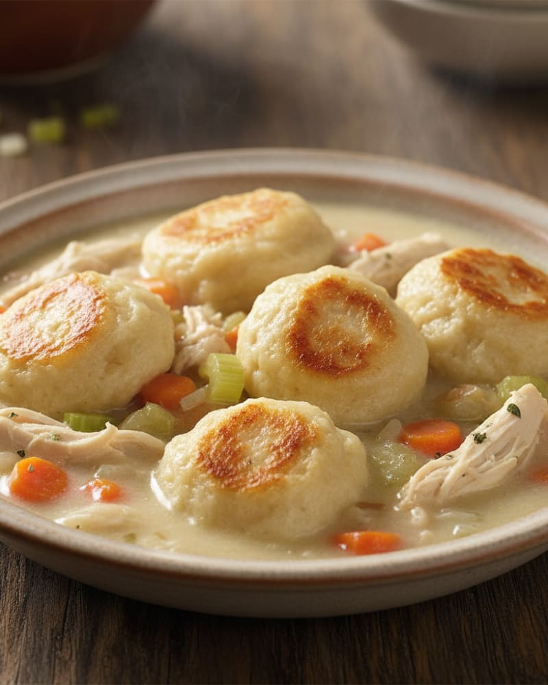 Bowl of chicken and dumplings with golden-topped dumplings, shredded chicken, diced carrots and celery in a creamy broth