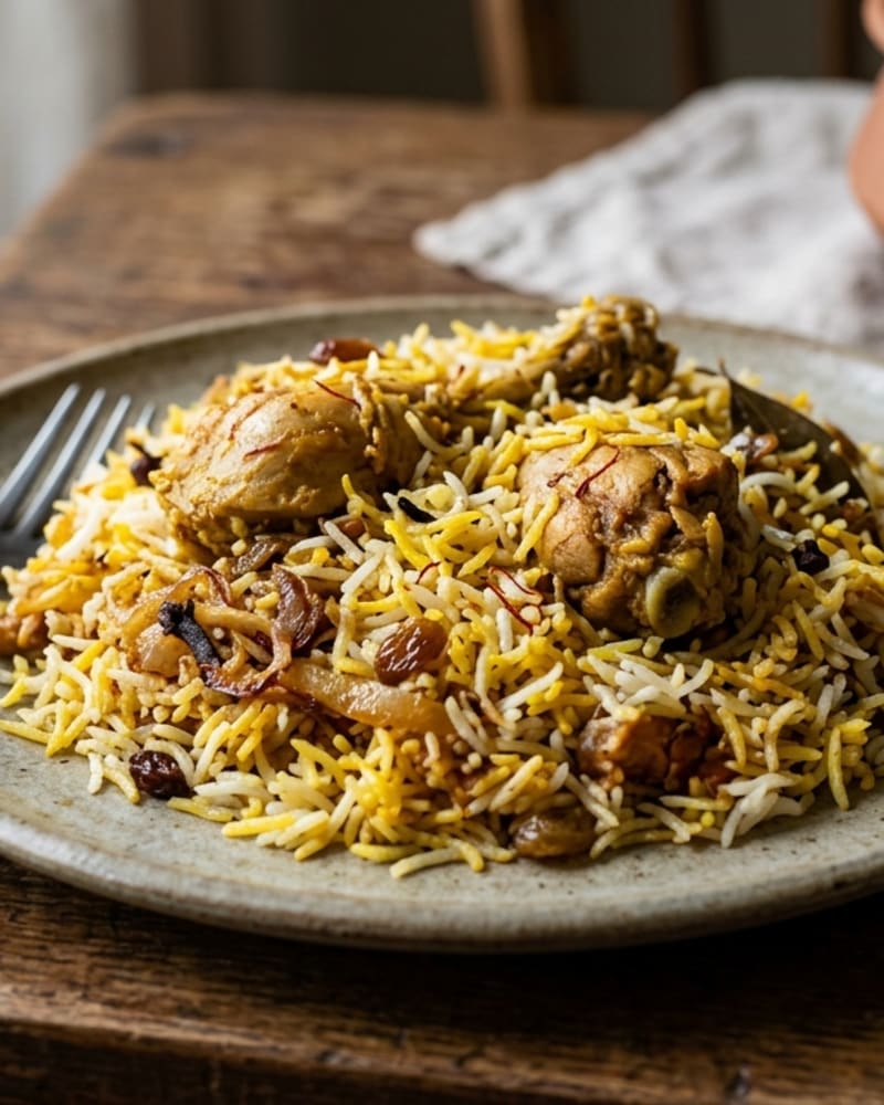 Chicken biryani recipe served on a stoneware plate, yellow and white basmati with chicken pieces and fried onions