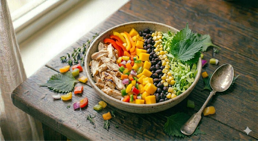Chicken burrito bowl with charred chicken, rice, black beans, corn, salsa and lime