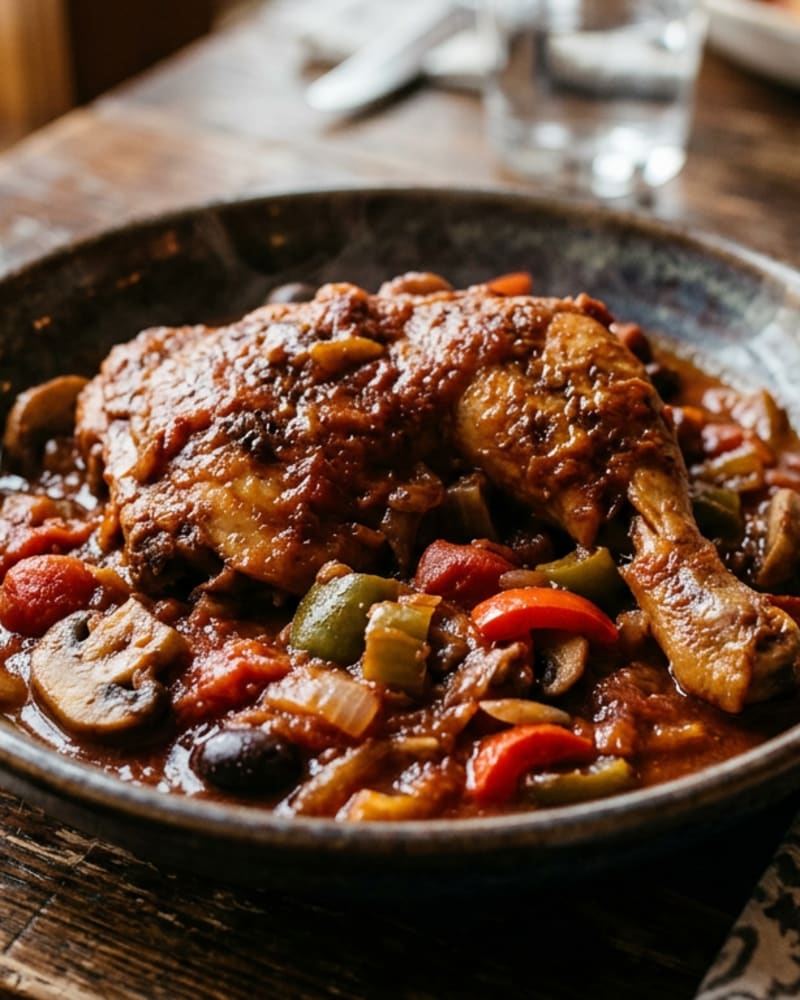 Braised chicken thigh in a thick tomato sauce with mushrooms, bell pepper, onion and olives in a dark bowl on a wooden table