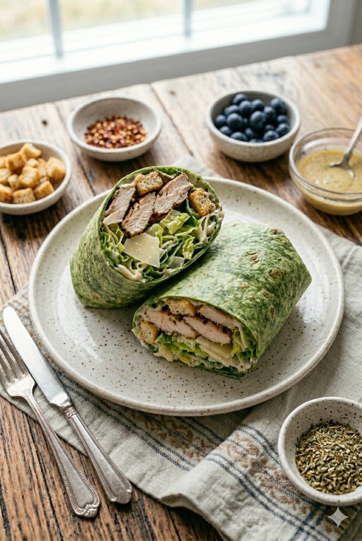 A chicken caesar wrap, the kind of dinner you'd swipe right on in a swipe meal planner