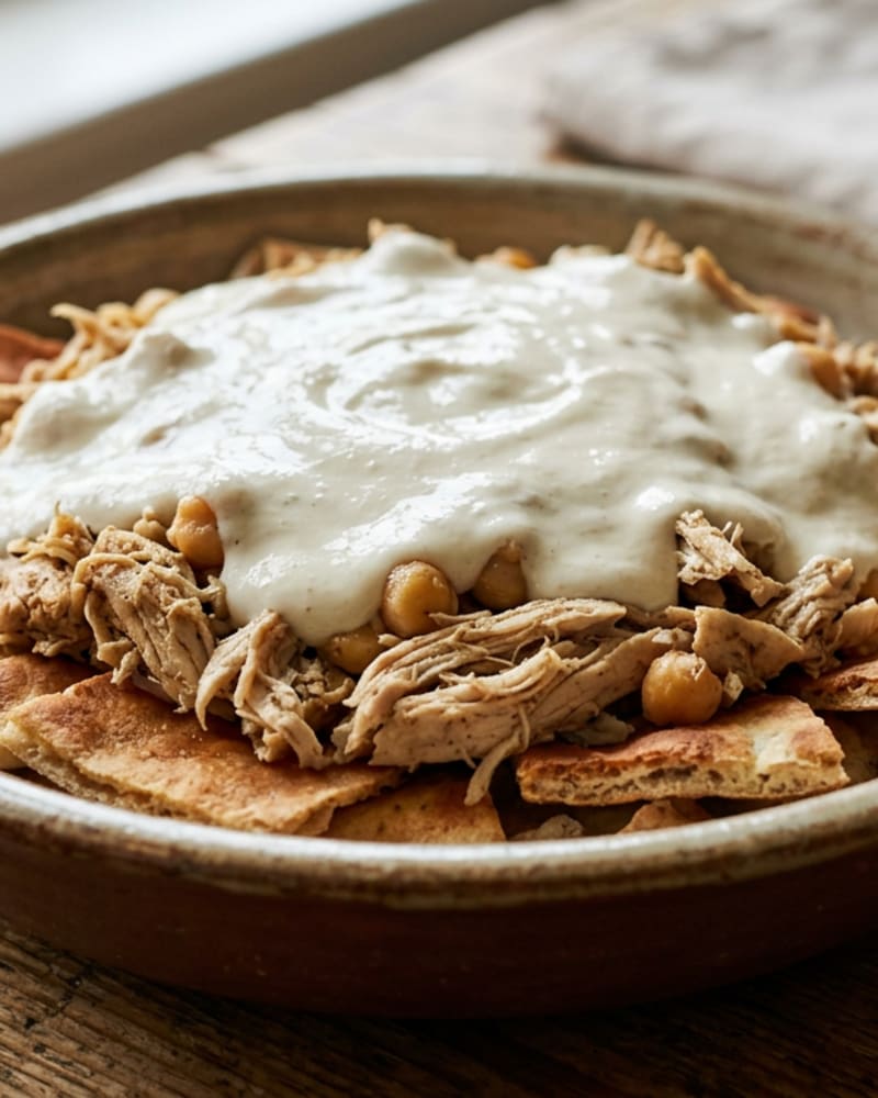 Chicken fatteh recipe: shredded chicken and chickpeas on crisp torn pita under creamy tahini yogurt sauce