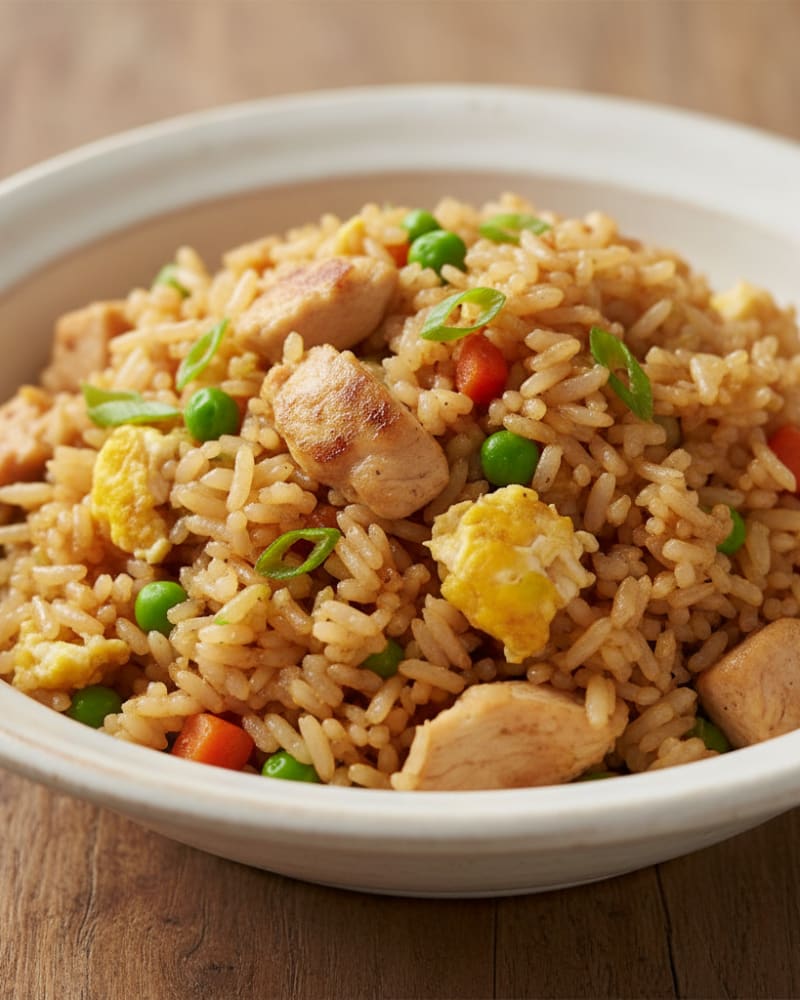 Chicken fried rice recipe: golden rice with diced chicken, scrambled egg, peas, carrots and scallions in a white bowl
