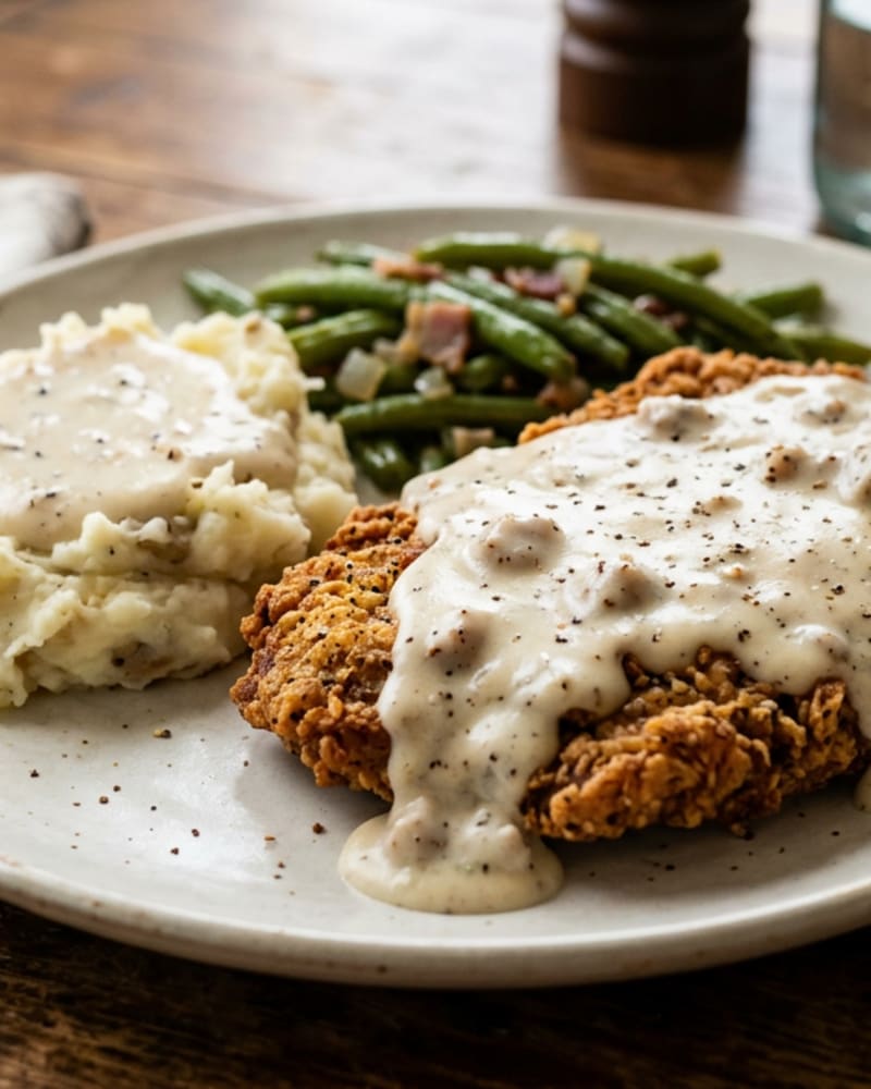 Chicken fried steak recipe: a golden breaded cutlet under creamy pepper gravy beside mashed potatoes and green beans