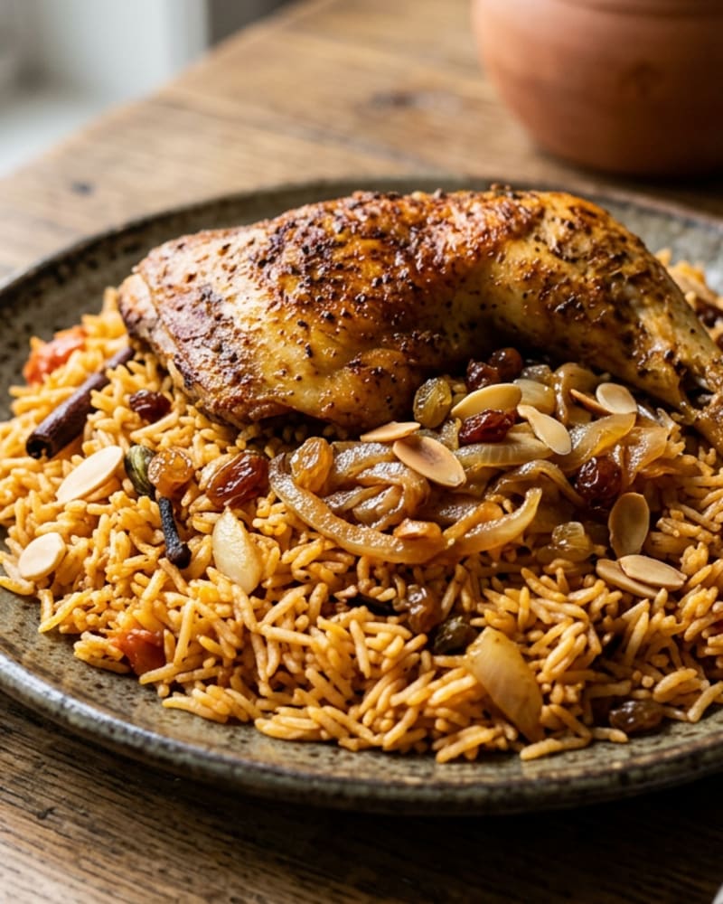 Chicken kabsa recipe: a browned chicken thigh on golden rice topped with caramelized onions, raisins and sliced almonds