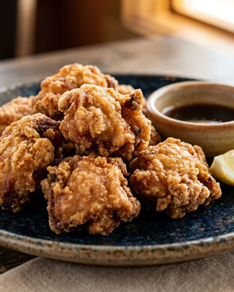 Chicken karaage, golden craggy fried chicken on a dark blue plate with a small bowl of dark dipping sauce and a lemon wedge
