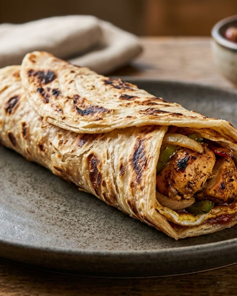 Chicken kathi roll, a charred flaky flatbread wrapped around spiced chicken, onion and green strips, on a dark plate