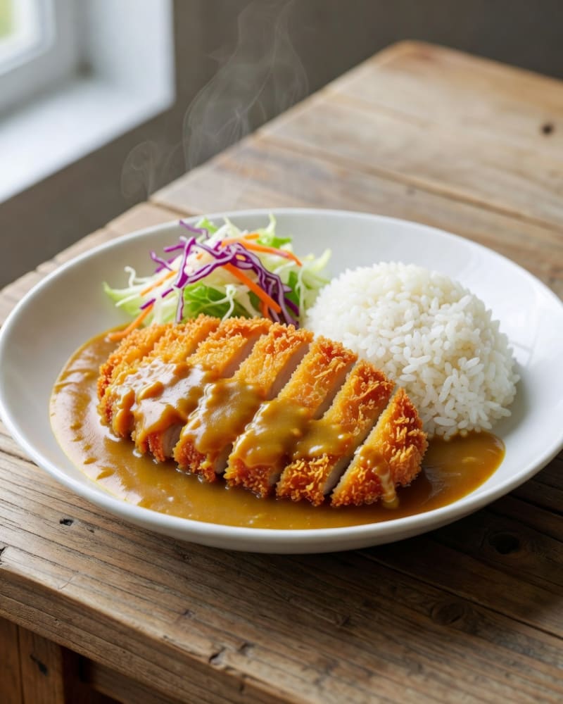 Chicken katsu curry recipe: sliced golden panko cutlet in brown curry sauce beside white rice and shredded cabbage