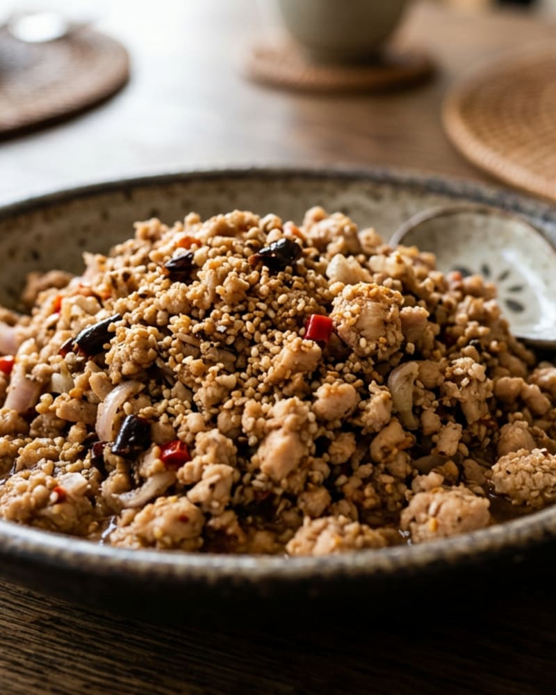 Chicken larb as minced chicken with sesame seeds, sliced shallot and red chili pieces heaped in a speckled bowl