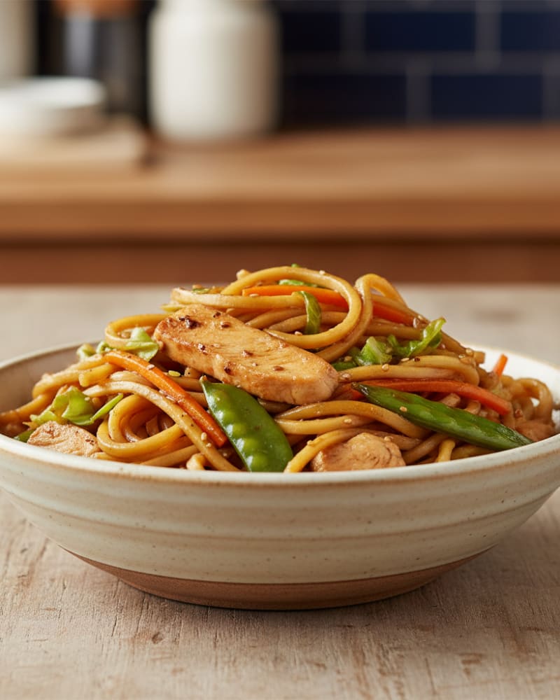 Bowl of chicken lo mein with sliced chicken breast, carrot, snap peas and cabbage tangled through noodles