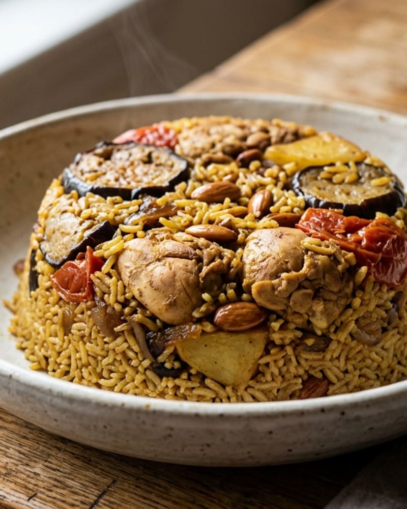 Domed chicken maqluba turned out onto a plate, with chicken, eggplant rounds, tomato and almonds in golden spiced rice