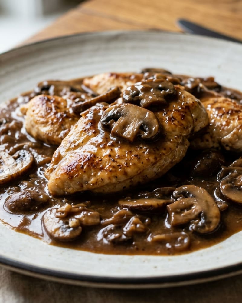Golden-seared chicken cutlets under a glossy brown mushroom and Marsala sauce on a speckled plate