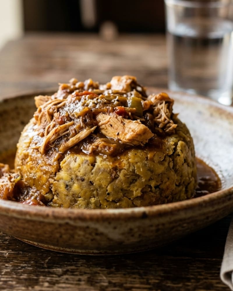 Dome of chicken mofongo on a rustic plate, topped with shredded chicken in a savory sauce, a glass of water behind