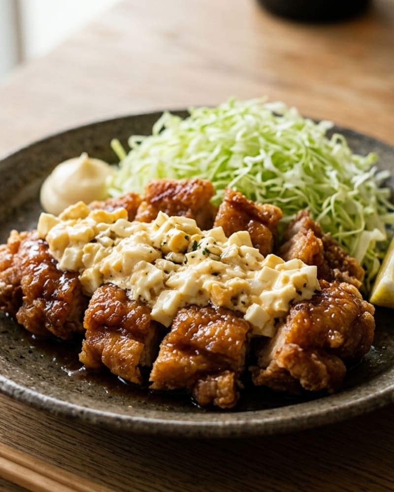 Crispy glazed chicken nanban topped with chunky egg tartar sauce beside shredded cabbage and a lemon wedge