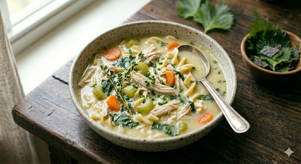 A bowl of chicken noodle soup, one of five dinners in a realistic weekly meal planning routine