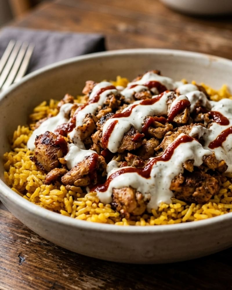 Chicken over rice: chopped spiced chicken on yellow rice in a bowl, drizzled with white sauce and red hot sauce
