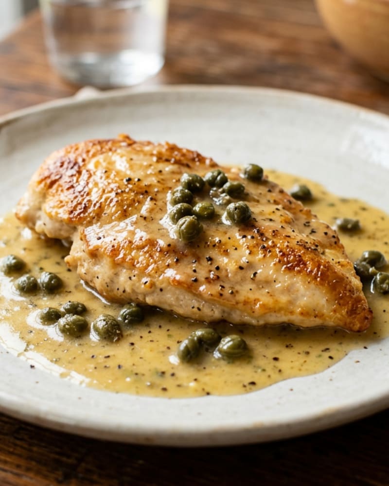 Chicken piccata: a golden pan-seared cutlet topped with capers in a pale lemon butter sauce on a white plate