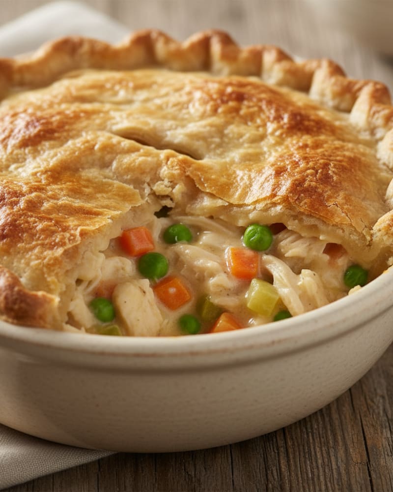 Chicken pot pie with a golden crimped crust broken open to show creamy chicken, peas and carrots in a cream dish