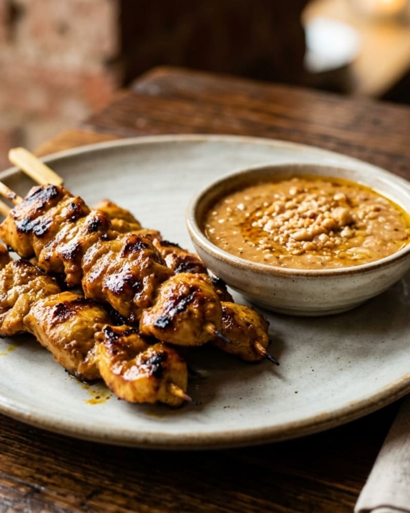 Chicken satay skewers with charred edges on a stoneware plate beside a small bowl of peanut sauce