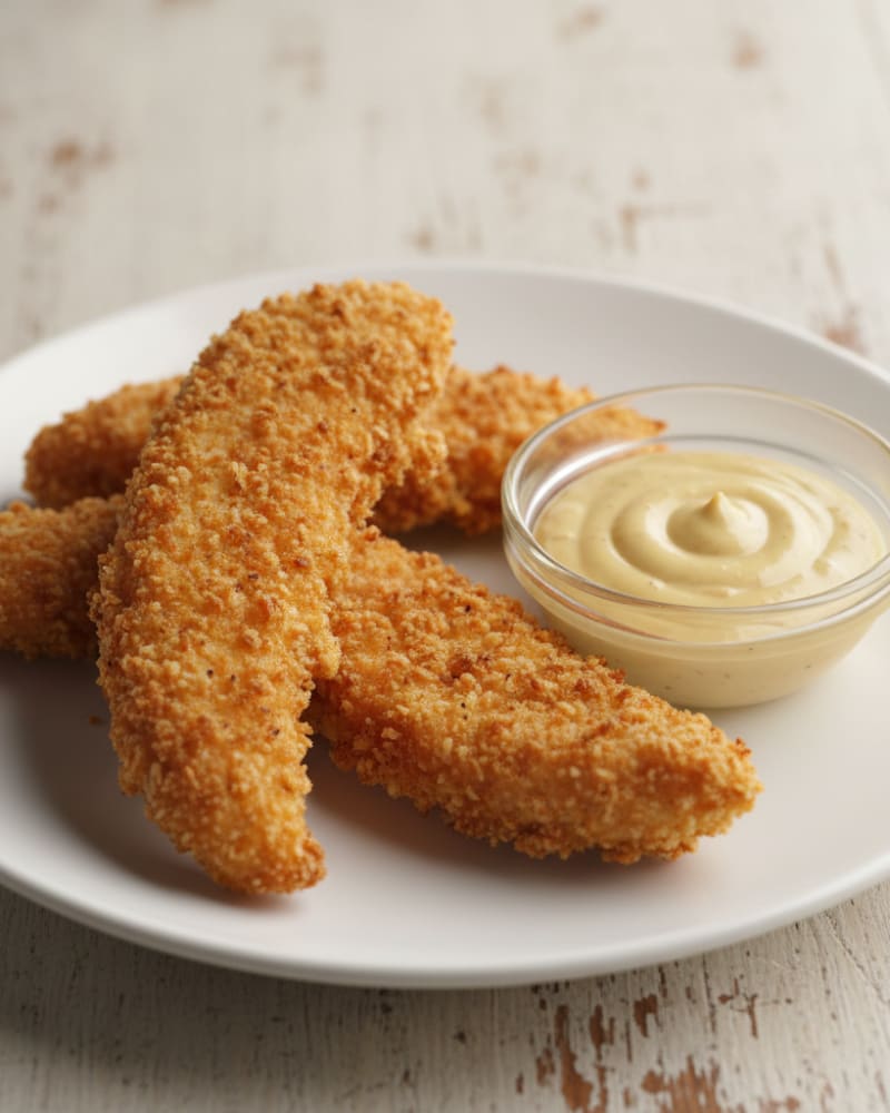 Three golden breaded chicken tenders on a white plate beside a small glass dish of honey mustard dipping sauce