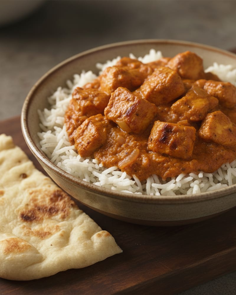 Chicken tikka masala in a creamy orange sauce over basmati rice in a bowl, with a piece of toasted naan beside it