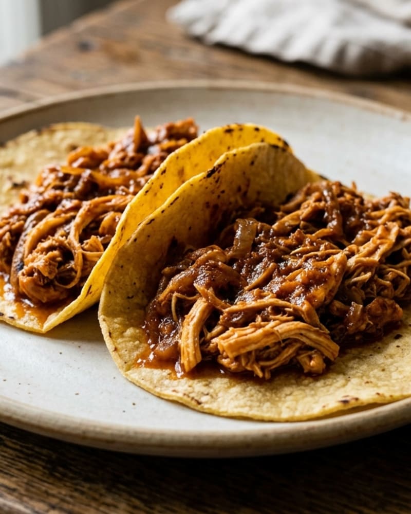 Two chicken tinga tacos on corn tortillas, piled with saucy shredded chicken, on a cream stoneware plate
