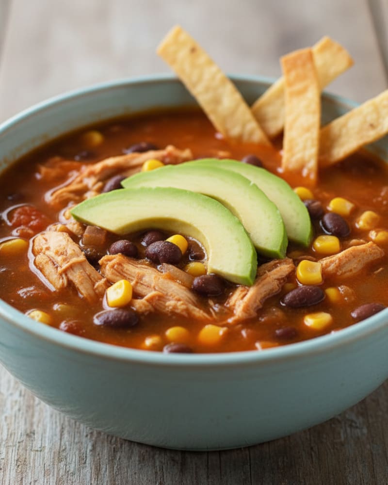 Bowl of chicken tortilla soup with shredded chicken, black beans, corn, avocado slices and tortilla strips