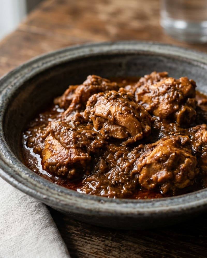 Chicken vindaloo pieces in a dark, glossy red-brown gravy in a grey stoneware bowl