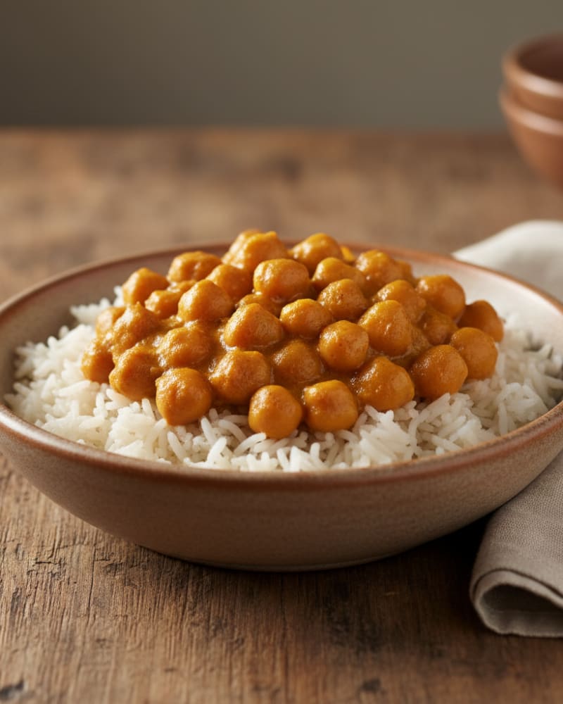 Chickpea curry in a creamy golden gravy spooned over white rice in a brown bowl