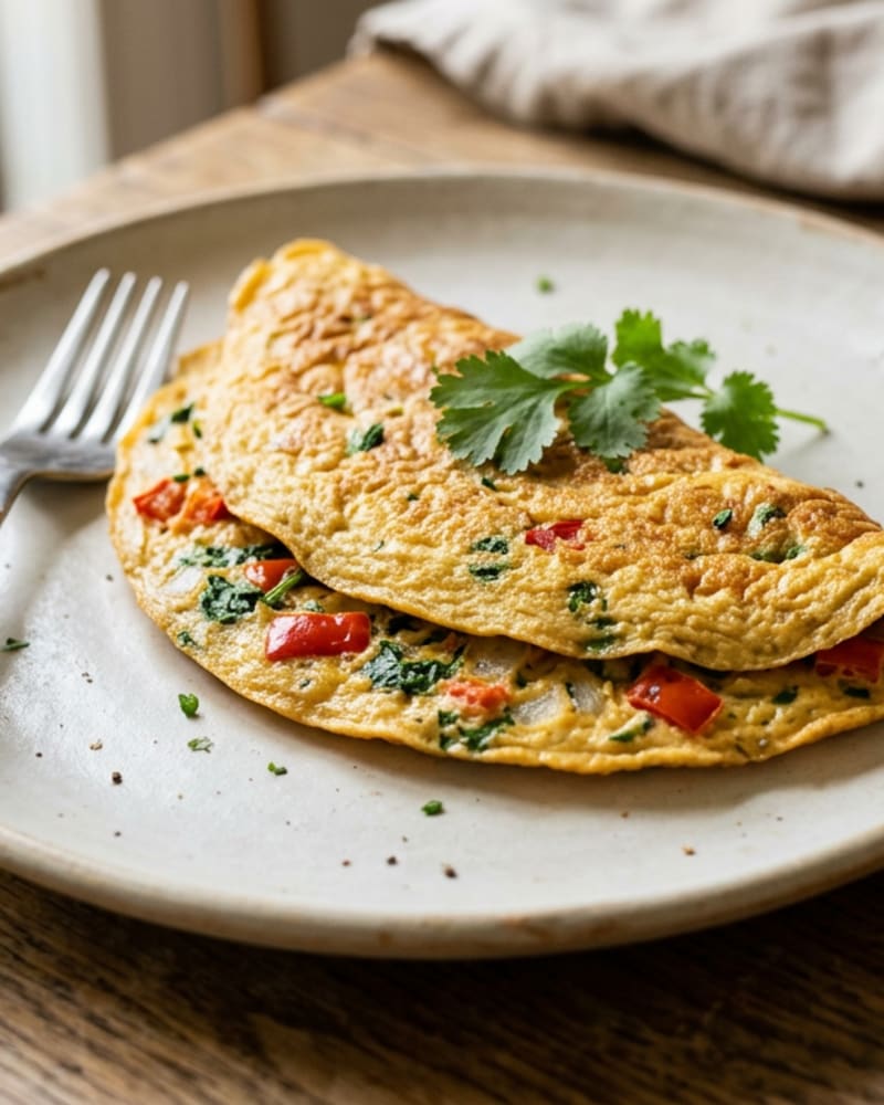 Chickpea omelet recipe result: golden folded omelet flecked with spinach and diced tomato, cilantro on top, fork beside