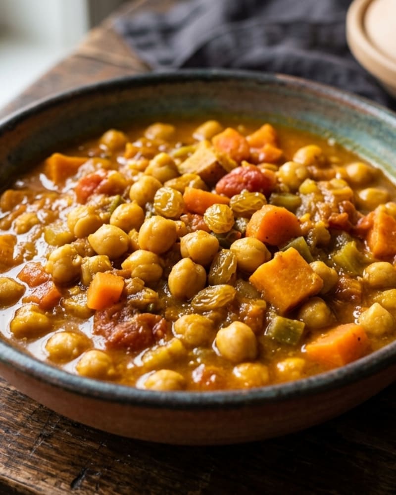Chickpea tagine in a ceramic bowl, chickpeas and carrot chunks in a spiced tomato sauce dotted with golden raisins
