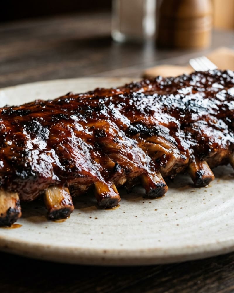 Chili's-style baby back ribs with a dark, sticky glaze on a speckled plate, bones showing at the edge