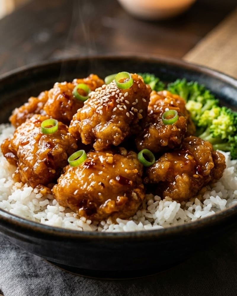 Orange chicken bowls: glazed chicken with sesame seeds and green onions over white rice, broccoli on the side