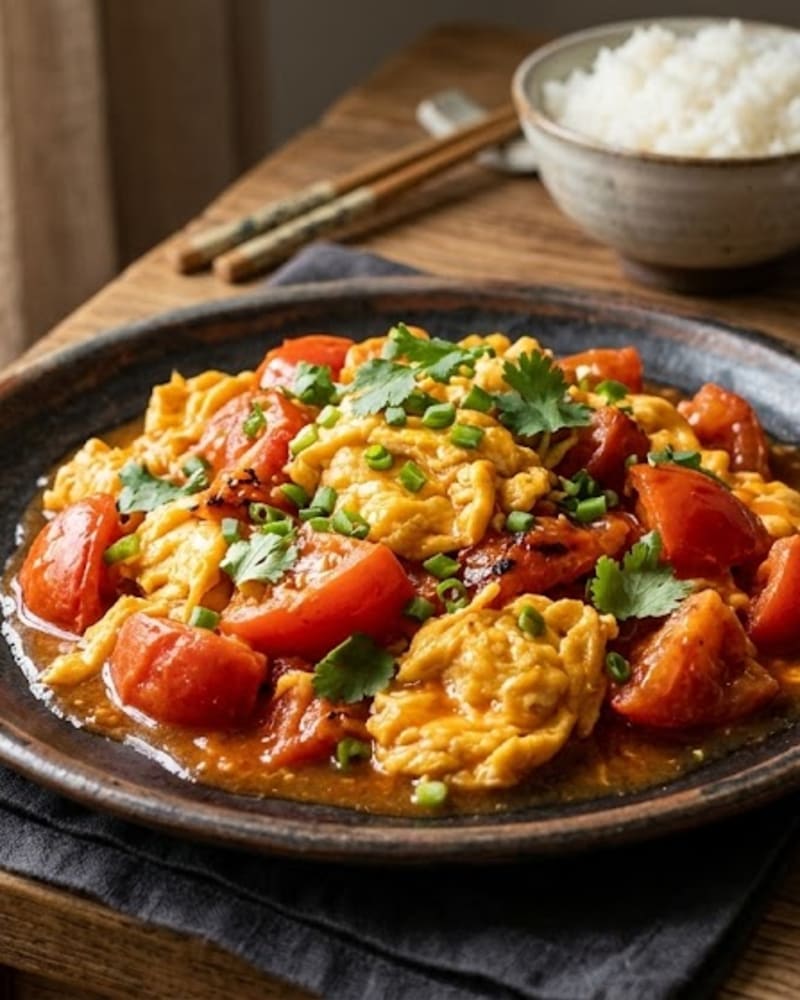 Chinese tomato egg stir-fry of soft scrambled egg and tomato wedges topped with scallions and cilantro on a dark plate