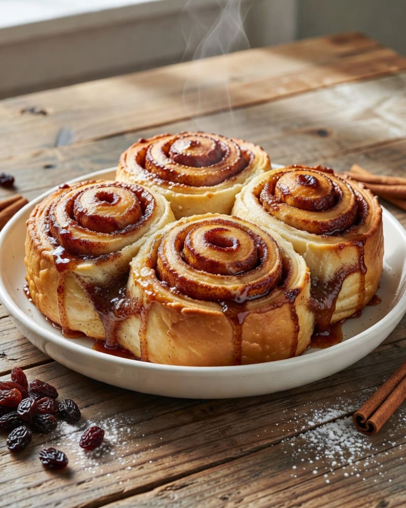 Four golden glazed cinnamon rolls for a cinnamon roll bake, on a white plate beside cinnamon sticks