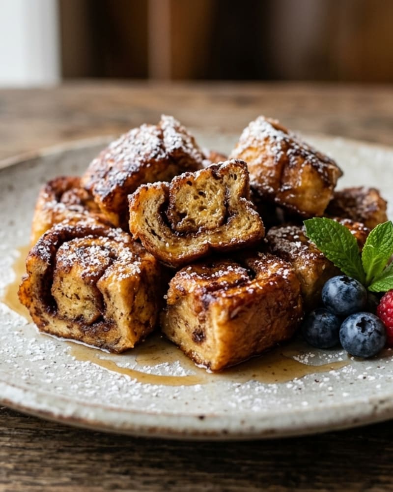 Cinnamon roll French toast bites dusted with powdered sugar on a ceramic plate with syrup, blueberries, a raspberry and mint