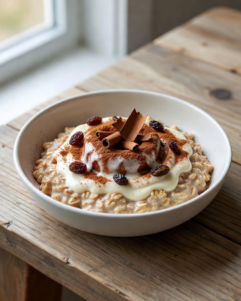 Cinnamon roll overnight oats in a white bowl with cream cheese drizzle, cinnamon dusting, raisins and cinnamon sticks