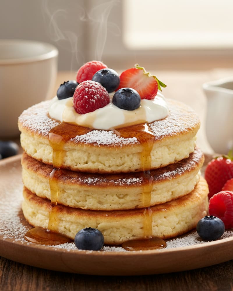 Stack of three cottage cheese pancakes with syrup, a dollop of cream and fresh berries on a wooden plate